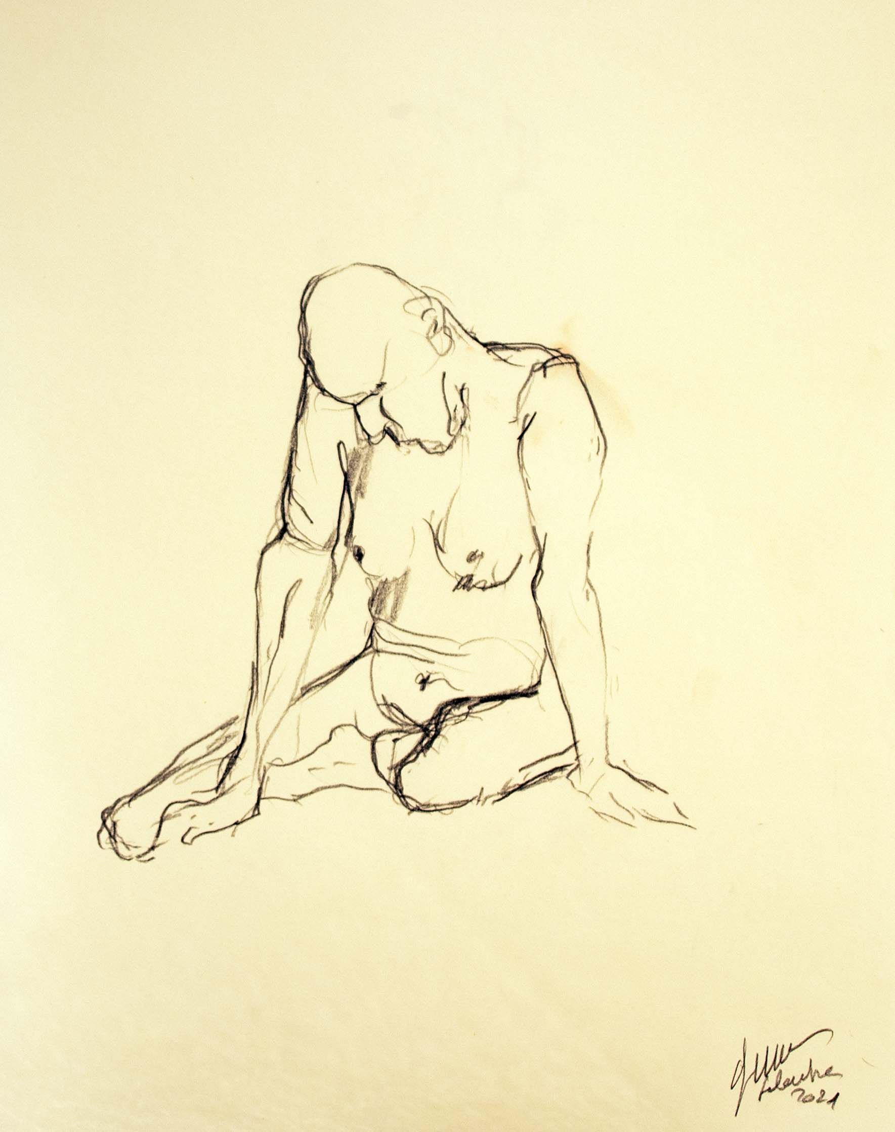 Home assegut mirant a terra — Grafit i oli de llinosa sobre paper